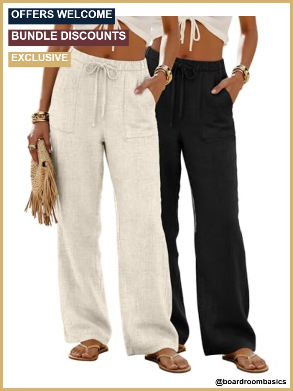 Women's Linen Straight Leg Pants 2 Pack High Rise Drawstring